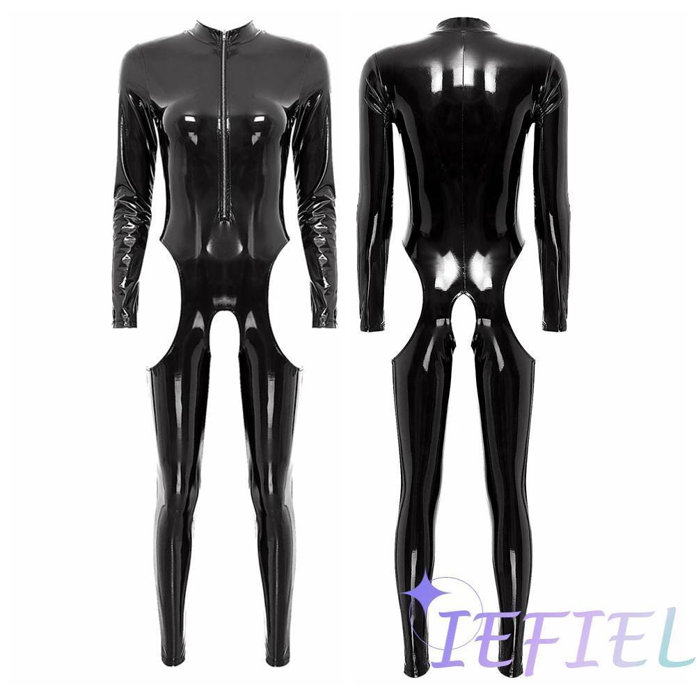 Women Lingerie Bodysuit Sexy Hollow Out Latex Crotchless Catsuit PVC Pole Dance Performance