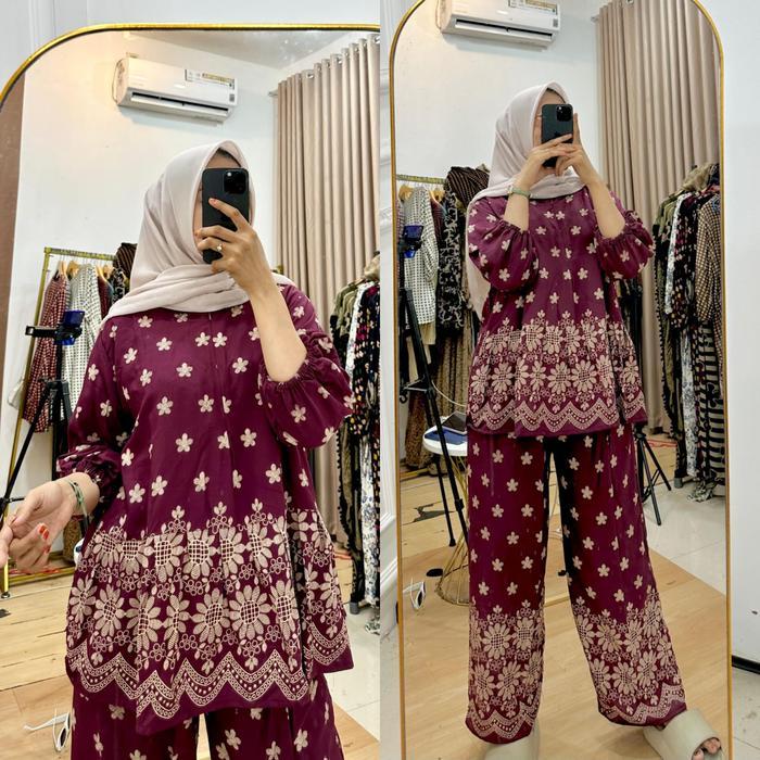 Namira Rayon Premium Baju Ibu Muslim Busui Friendly Celana Panjang Motif Salur Formel Setelan
