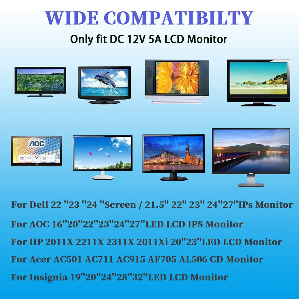 12V Power Supply Charger 100-240V AC DC 12 Volt 5A Adapter for AOC Monitor 16" 20" 22" 23" 24" 27" ;