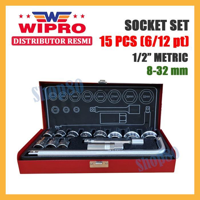 Wipro Mata Kunci Shock 1/2" Set 15 pcs Sok Socket Sock 6PT 12PT Metric 8 10 12 14 17 20 22 24 27 30