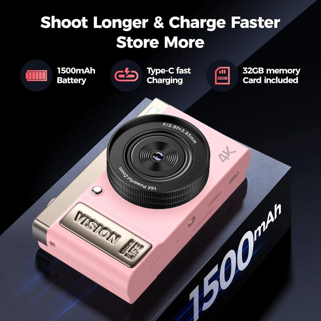 4K digital camera, 64 megapixel ultra high definition camera, 16x digital zoom 180 degree flip