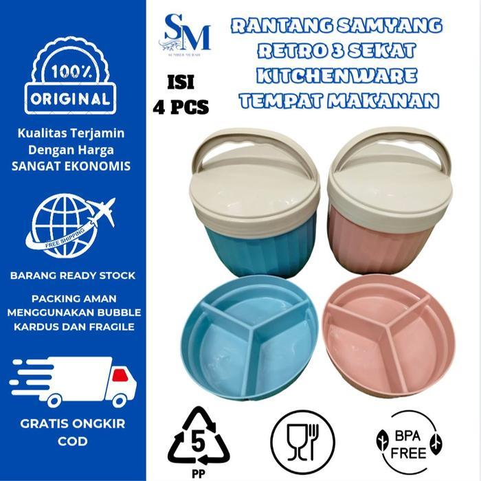 (Isi 4 pcs ) Rantang samyang Retro 3 sekat Kitchenware tempat makanan bahan PP 5 Food Grade Biru