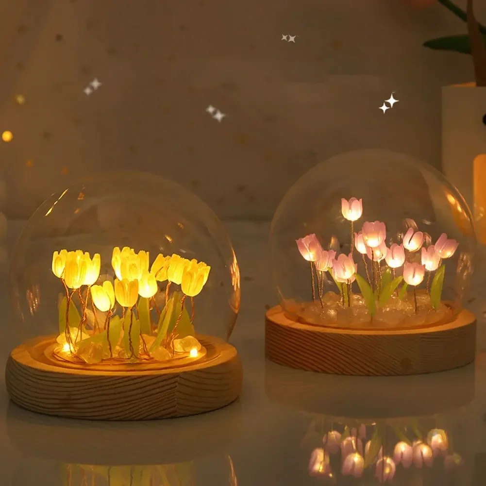 Tulip Flower Night Light With Glass Cover Handmade DIY Bedside Light LED Night Lamp Table Desk Lamp