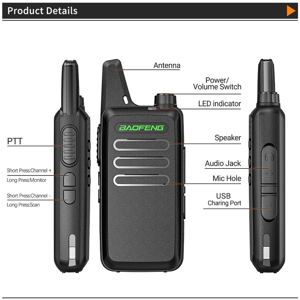 2PCS Mini Walkie Talkie Baofeng BF-T20 PortableTwo Way Radio Charging USB VOX For BF-C9 BF-888S KD-C