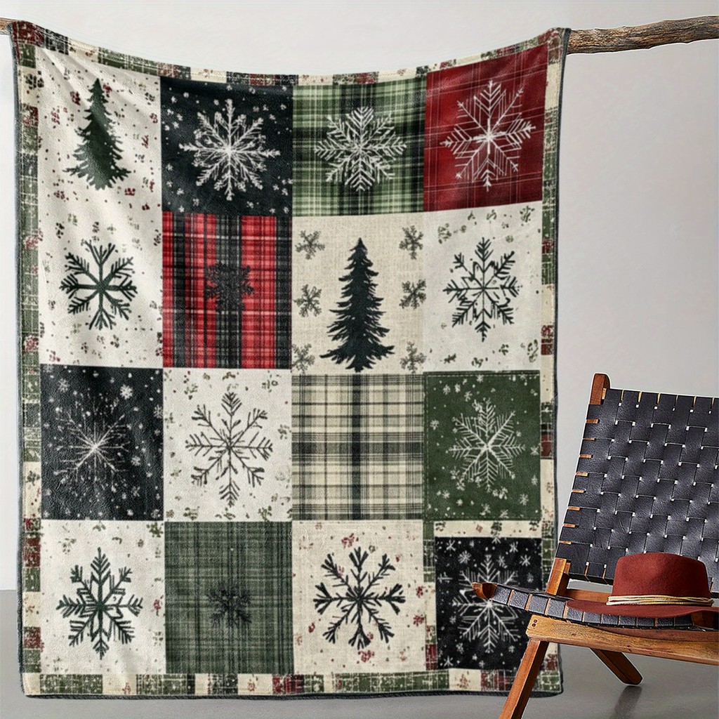 [Vintage Plaid Christmas Flannel] Soft Vintage Plaid Christmas Tree & Snowflake Flannel Throw