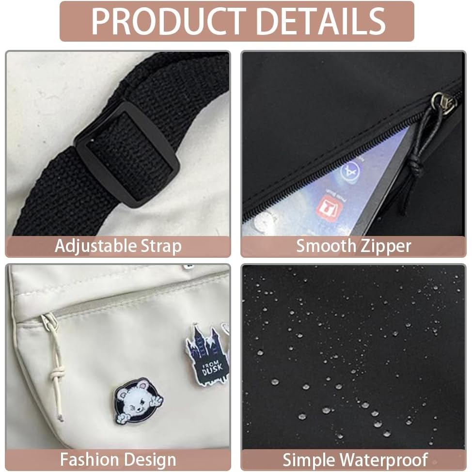Nylon Messenger Bag Kawaii Crossbody Bag with Cute Pins Aesthetic Shoulder Bag for Women and Men