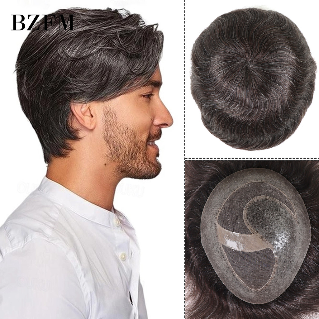 Brown #320 Grey White Human Hair Men Toupee Mono Pu Base Choice Toupee For Men 6" Short Straight