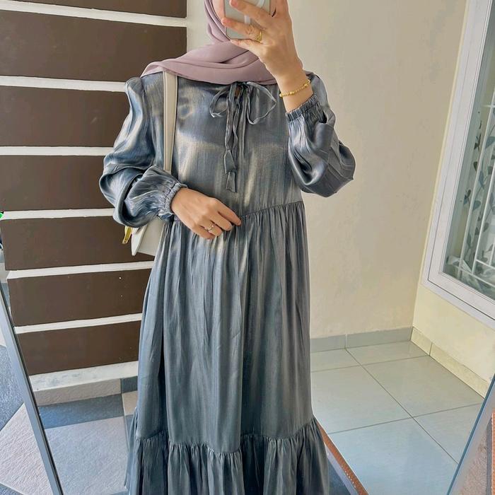 Midi Dress Kode Sm Shimmer Luxury Tali Leher Kekinian Polos Wanita Cantik Muslim Nyaman