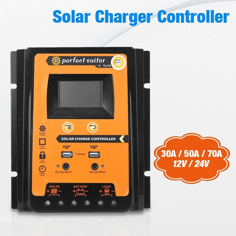 Best Solar Controller 12V 24V 30A 50A 70A Solar Charge controller IP 32 Waterproof Panel Battery Reg