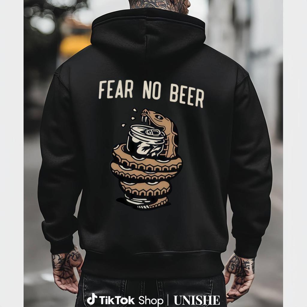 Men’s Streetwear FEAR NO BEER Hoodie – Vintage Y2K Sweatshirt with Snake Graphic