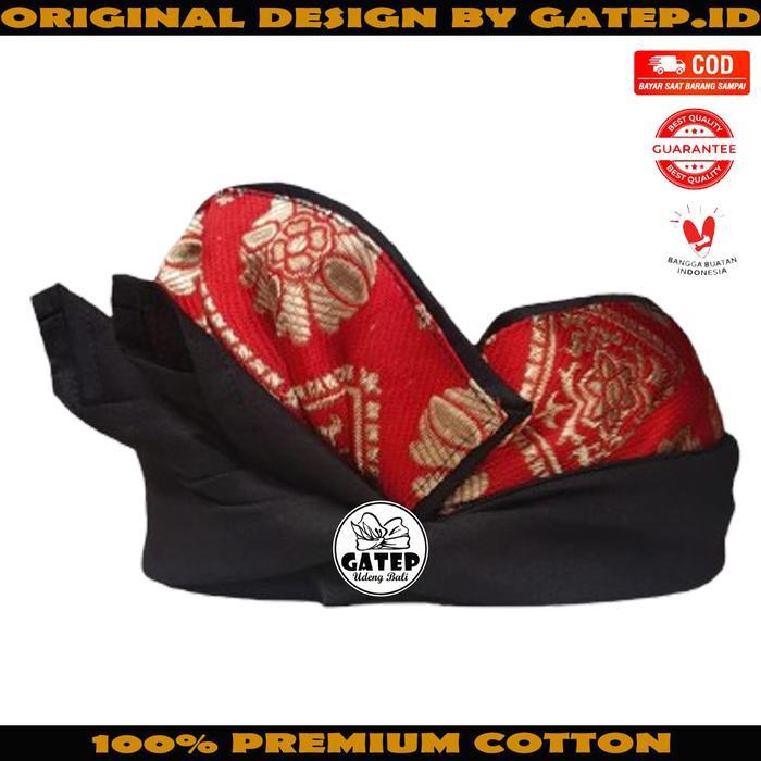 TERMURAH Udeng Bali Setengah Jadi Hitam Polos Tepi Merah Motif Bunga Emas READY STOCK