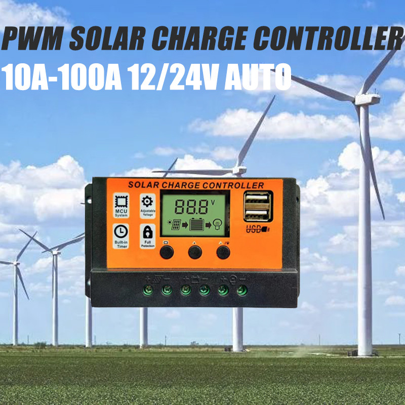 30A40A50A60A70A80A90A100A 12V 24V Auto Solar Charge Controller PWM Controllers LCD Dual USB 5V Outpu