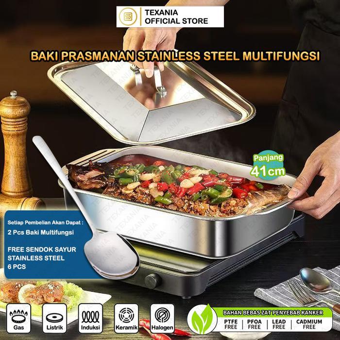 [Gma] Texania Baki Prasmanan Stainless Steel Size 41Cm Multifungsi Dengan Free Sendok Sayur