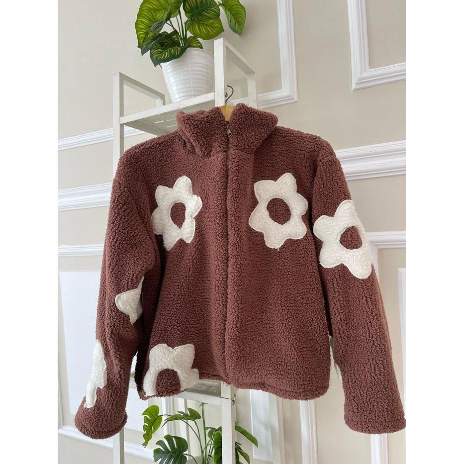 Sweater Jaket Wanita Zipper Kerah Flower Crop Sherpa Bulu Domba