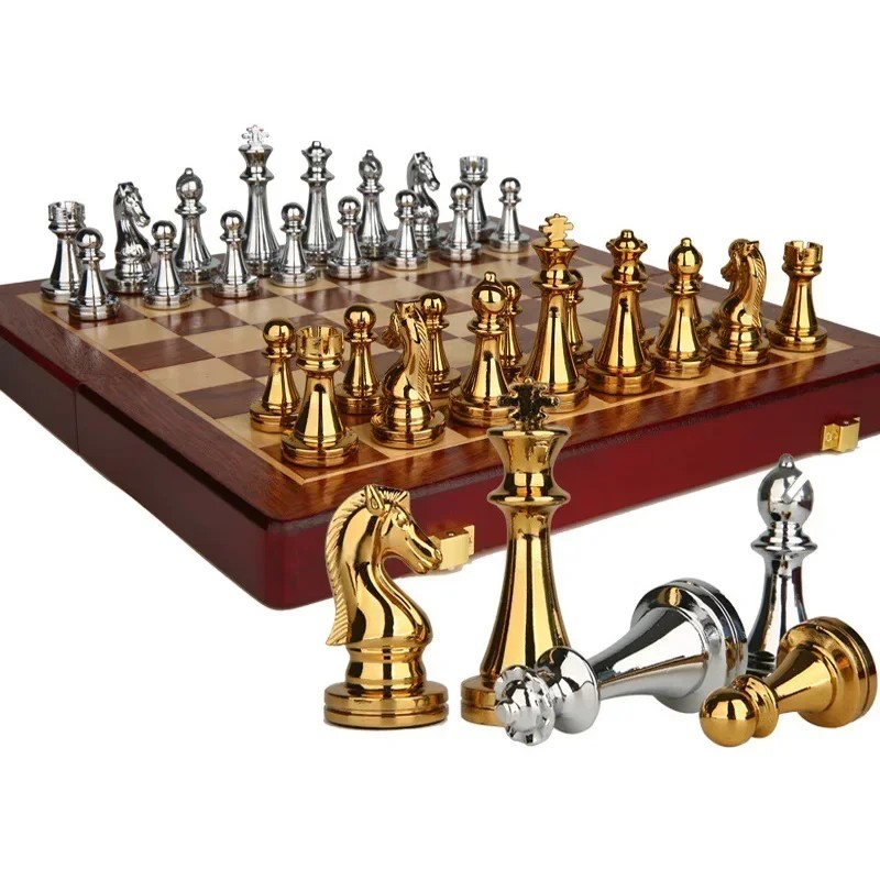 Deluxe Chess Set with Solid Wood Board and Standard Metal Retro Pieces Ideal for Professional