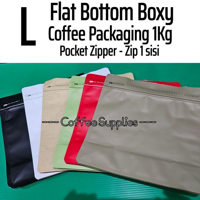 FLAT BOTTOM BOXY L 1Kg Kemasan Kopi 1000g coffee packaging square zip
