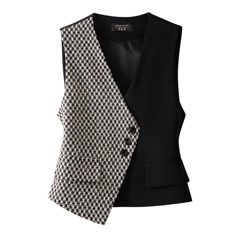 Blazer Vest Wanita Tanpa Lengan Warna Spliced Vintage dengan V-Neck dan Plaid Pendek untuk Musim Sem