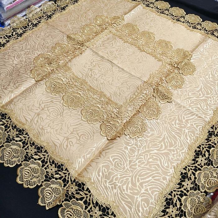 TAPLAK MEJA TAMU SEGI EMPAT RENDA BORDIR KERANCANG MEWAH ELEGANT