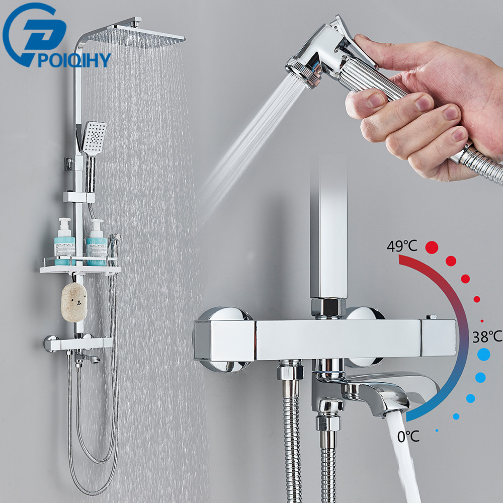 Chrome Thermostatic Shower Faucet Bathroom Faucets and Shower Thermostat Shower Set Wall Mounted Fau