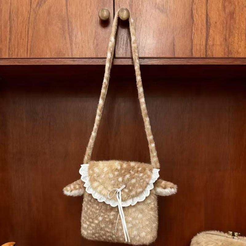 Lolita Plush Handbag Cute Lace & Bow Decor Faux Fur Shoulder Bag Vintage Brown Top-handle Bag