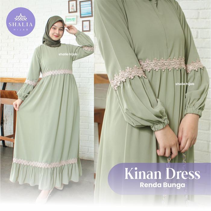 READY KINAN Dress Renda Bunga Cantik Dada Bawah Gamis Ceruty Babydoll Mewah Elegan Full Puring BUSUI
