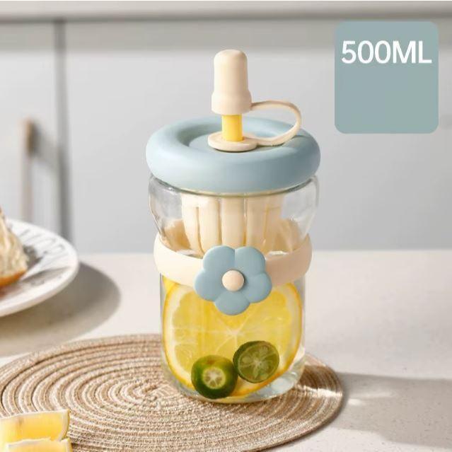 Gelas Kaca Tumbler Botol Kaca Bunga 400-500Ml Dengan Pegangan Unik Bahan Kaca Kapasitas 500Ml Cocok