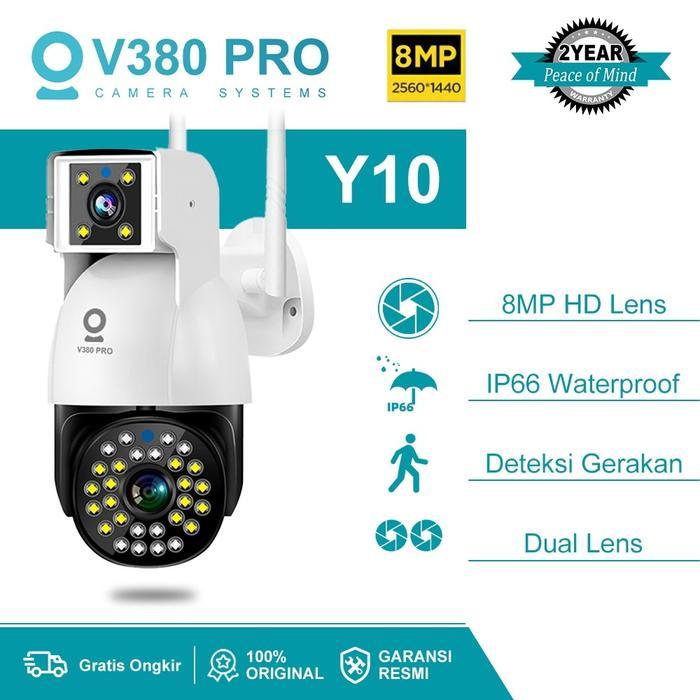 Cctv V380 Pro Kamera Outdoor Y10 8Mp Dual Lens Kamera Cctv Kecil Terhubung Ke Hp Ip66 Waterproof