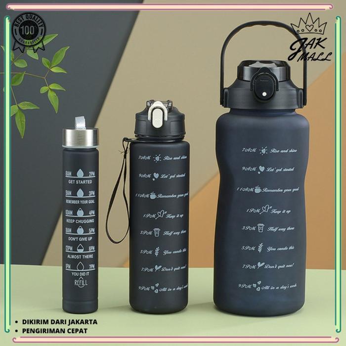 Botol Minum 1 Set Viral 2Liter + 900ml + 350ml (Include Stiker 2D 3D) JM Hitam Plastik