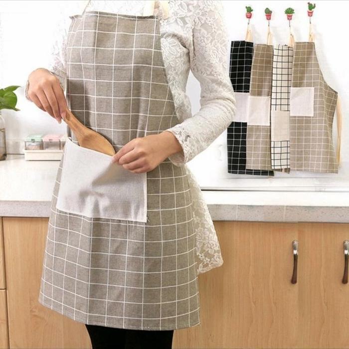 APRON KOTAK -KOTAK Celemek Kotak-Kotak cantik Kantong depan Kain Katun dan Linen Praktis