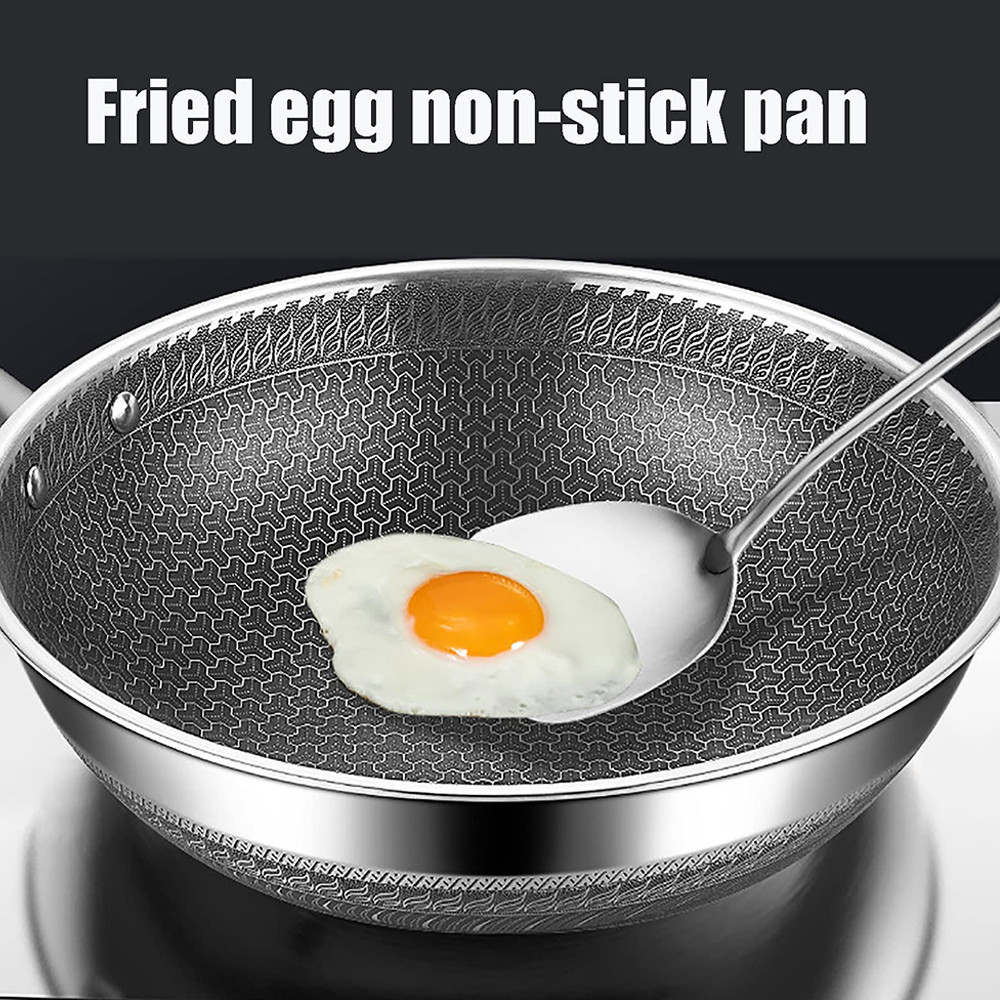 New Non-stick Pan Double-sided Honeycomb 304 Stainless Steel With Lid Wok Without Oil Smoke Frying