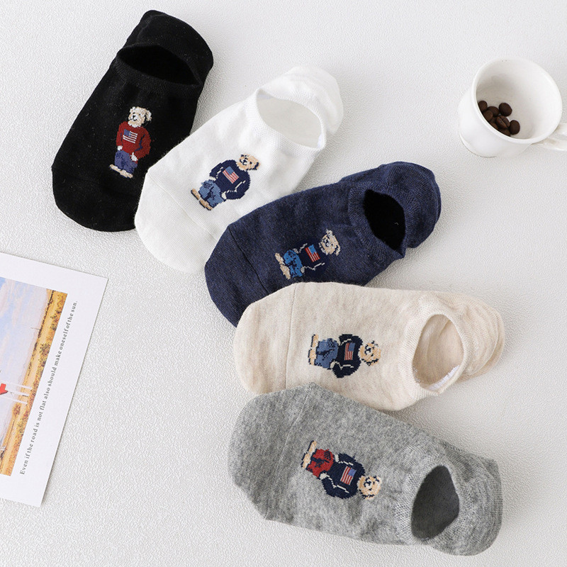5pair/lot Fashion Men's Boat Socks Cartoon Bear Xia Qiu Non slip Invisible Silicone Cotton Ankle