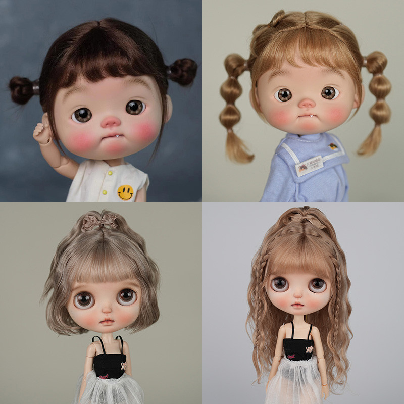 BJD Wig Big Head Dot Blyth Wig Soft Mohair Bangs Braid Wig half ponytail Short Hair Long Wavy Hair