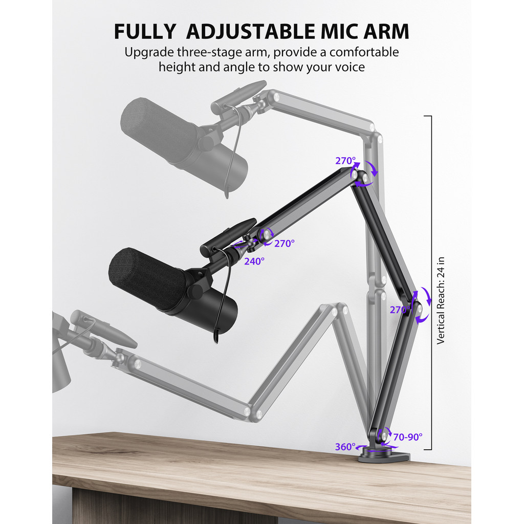KUXIU Aluminium Microphone Stand Boom Arm for RODE Mic/Shure Mic,for for Desktop