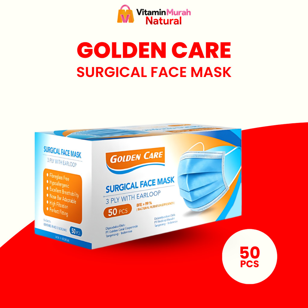 MASKER GOLDEN CARE 3 PLY WITH EARLOOP BFE 99 % 1 BOX ISI 50 PCS