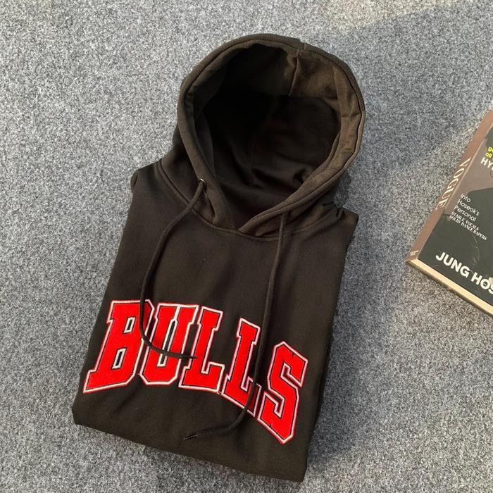 Bulls Merah Hoodie Pria Cowok Distro Hitam Merah Bordir Basic Keren Sweater Zipper Tebal Crewneck