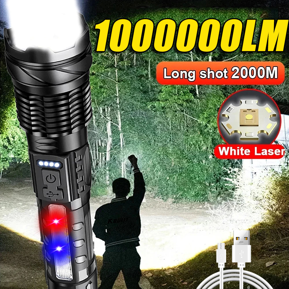 High Power LED Flashlight USB Rechargeable Zoom Tactical Torch 2000M Long Range Powerful Flashlight