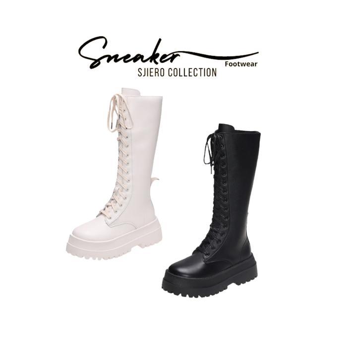 Sepatu Boot Panjang Wanita Hak Sedang SFW 284 tapak karet warna hitam dan putih Shoes