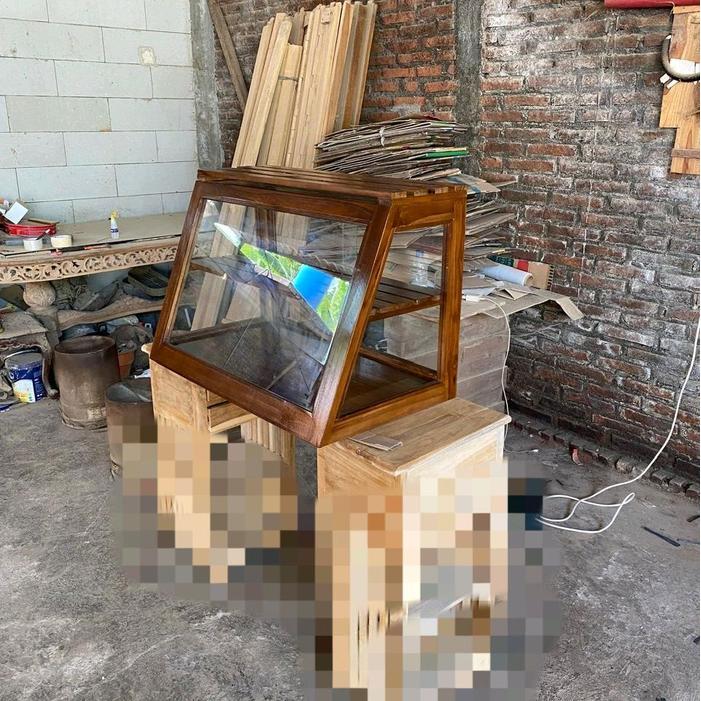 Lemari display roti dan makanan jati Tempat penyimpanan makanan dan kue kayu jati Cafe food display