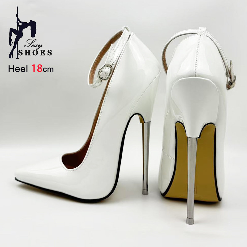 18CM Extreme High Heels Women Ankle Buckle White Pointed Stiletto Pumps 2025 New Sexy Fetish Spring