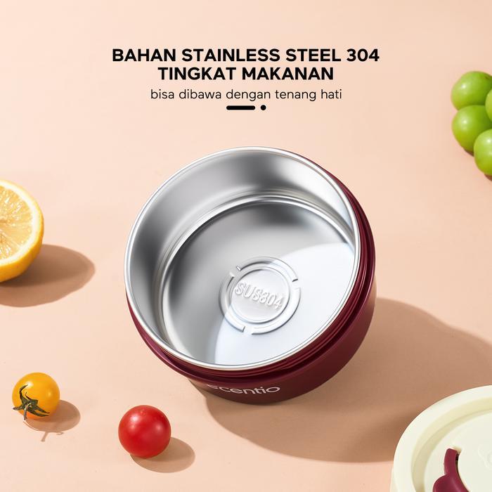 Ecentio Set Kotak Makan Bento & Mangkuk Stainless 304 Lunch Box 3 Sekat Kotak Bulat Anti Bocor Tahan