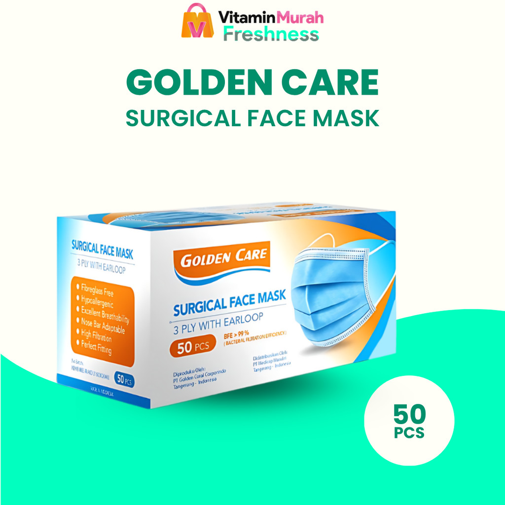 MASKER GOLDEN CARE 3 PLY WITH EARLOOP BFE 99 % 1 BOX ISI 50 PCS