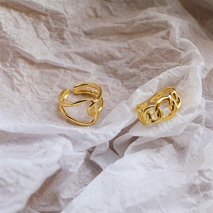 [] AyleeEmas Rantai Cincin Jari Telunjuk Set Cincin Logam Bukaan Tidak Beraturan Pasangan Pria dan