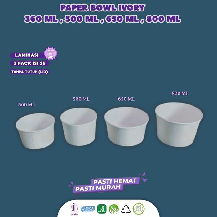 [25 Pcs] Paper Bowl 360ml 500ml 650ml 800ml Food Grade / Rice Bowl Ivory Laminasi / Paper Bowl Food