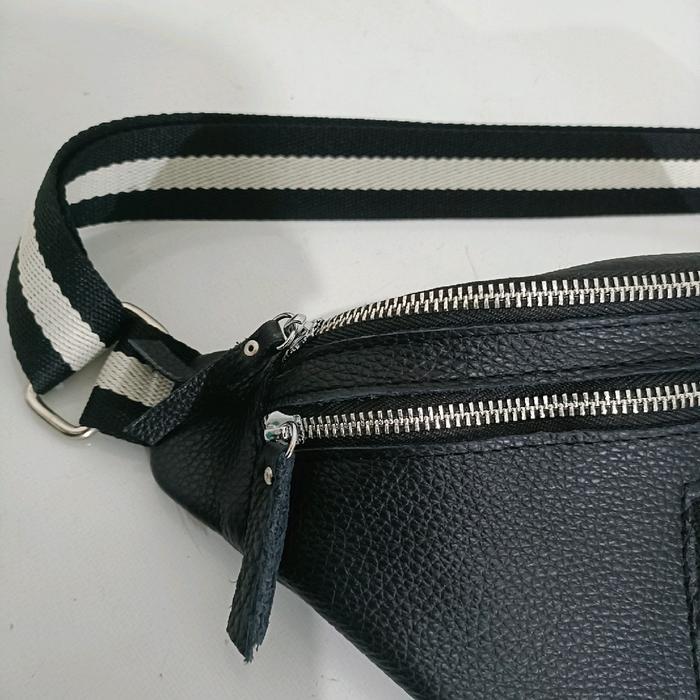 Waist Bag Pria Tas Selempang Waistbag Kulit Sapi Hitam Strip Hitam Putih