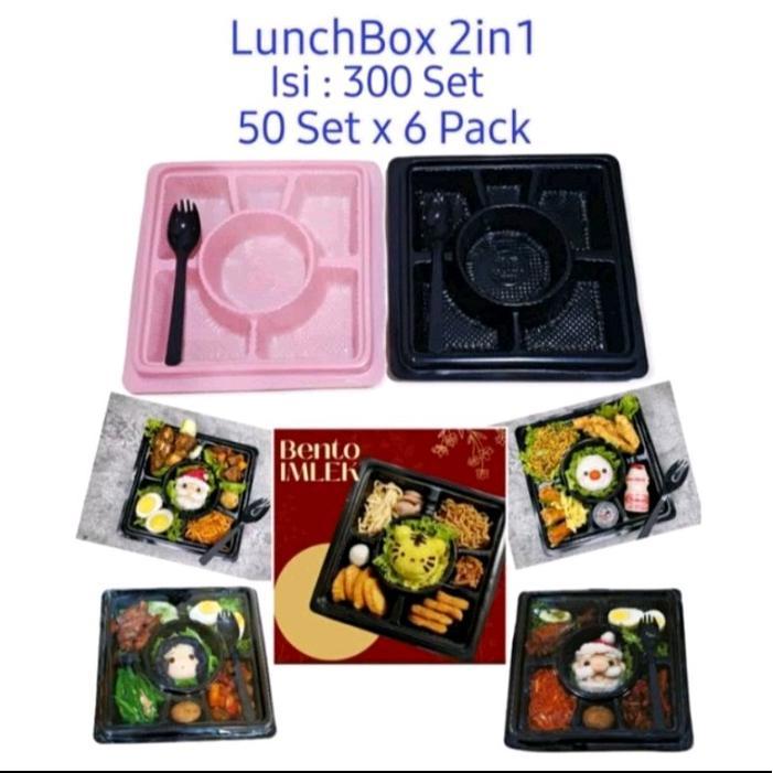 Mika Bento Kotak Sekat 6(Hitam&Pink)+tutupan+sendok isi 30set