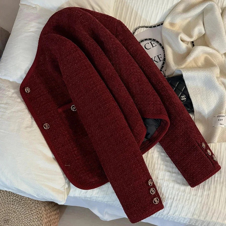 Jaket Wanita Pendek Tebal Musim Dingin Warna Merah Anggur dengan Lapisan Dalam Fashion dan Aroma Kec