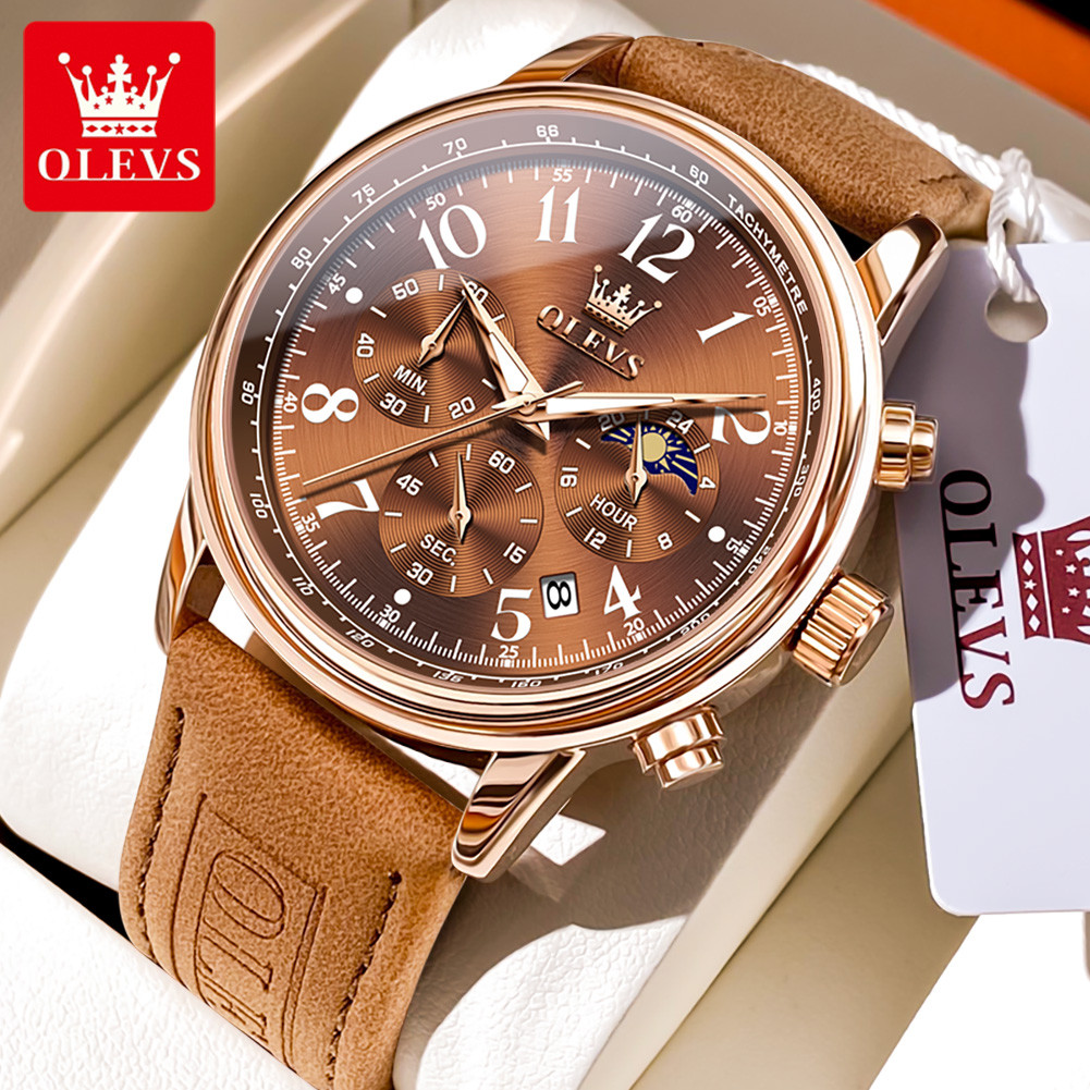 OLEVS 2912 Mens Watch Original Quartz Watch Waterproof Luminous Multifunctional Chronograph Moon