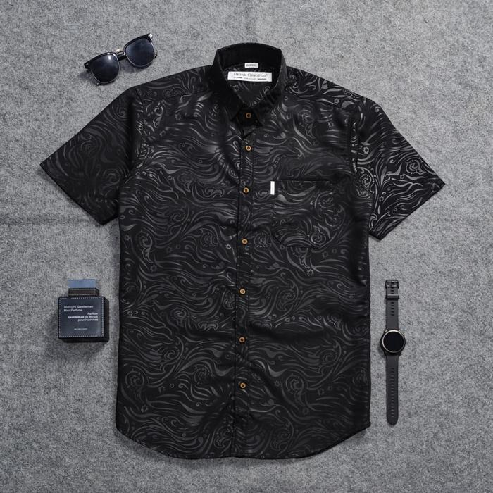 new Kemeja Embos Sultan Pria Lengan Pendek Hitam Yakuza Casual Slimfit