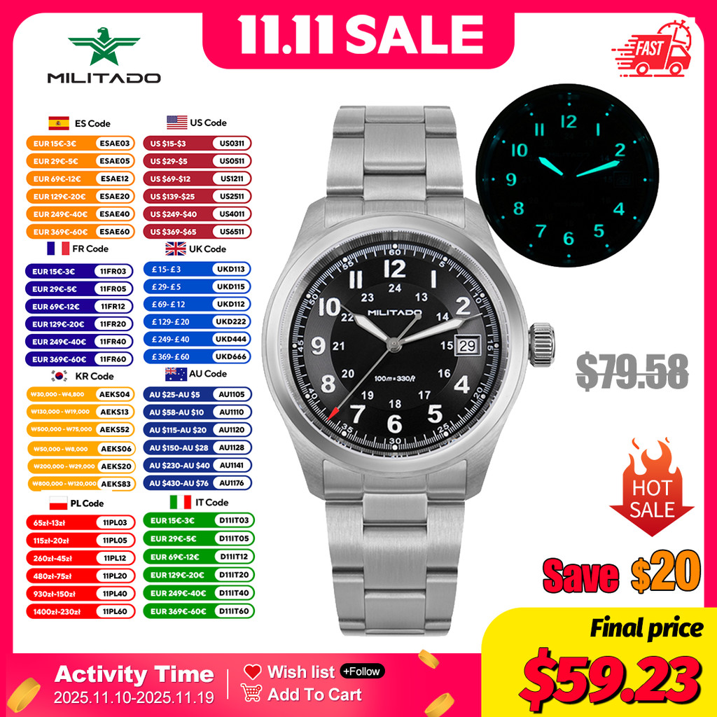 Militado ML08 Quartz Watch Ronda 515 Movement Domed Sapphire Wristwatch BGW9 Luminous 10Bar