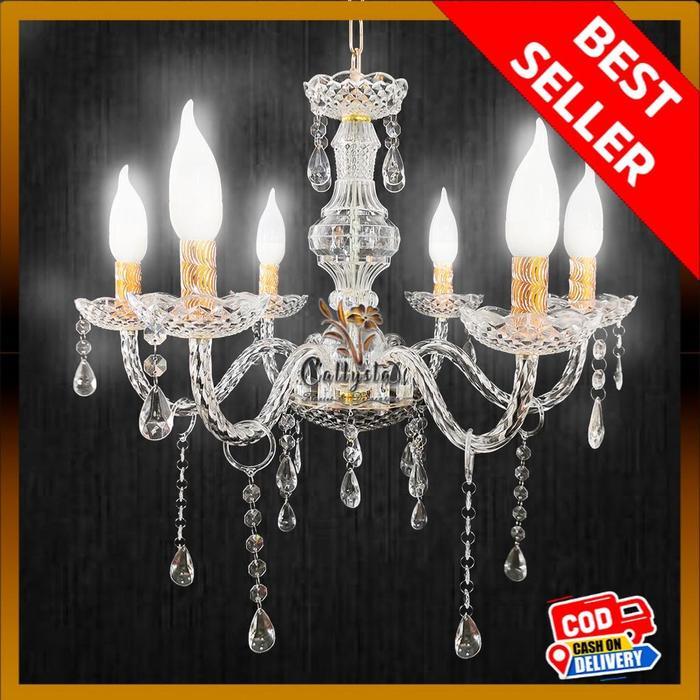 Lampu Chandelier Lilin Gantung Kristal Akrilik X6 SUDAH TERMASUK LAMPU LILIN - Ruang Tamu Hias Lilin